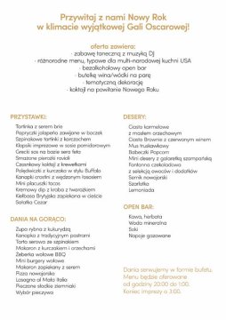 Sylwester w Oscarowym stylu, hotel Park Inn by Radisson Kraków, menu 