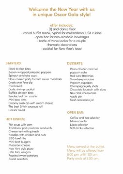 Sylwester w Oscarowym stylu, hotel Park Inn by Radisson Kraków, menu 