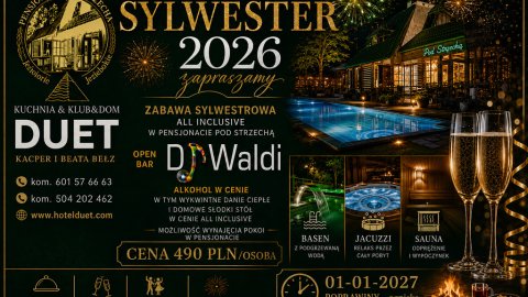 Bal sylwestrowy nad jeziorem Głebokie Pensjonat Pod Strzechą OPEN BAR - Sylwester