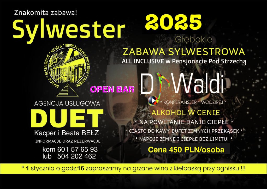 Bal sylwestrowy nad jeziorem Głebokie Pensjonat Pod Strzechą OPEN BAR