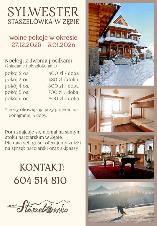 Nocleg z wyżywieniem tuż przy stoku narciarskim, idealny dla rodzin z dziećmi 