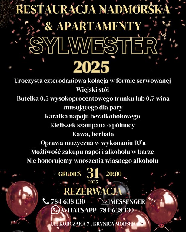 Sylwester 2025/2026 nad morzem w Krynicy Morskiej - Restauracja Nadmorska
