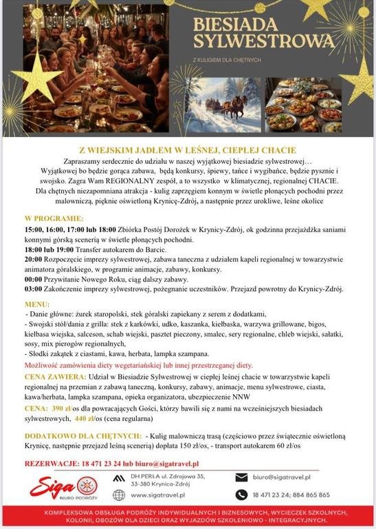 Sylwester w górach Krynica-Zdrój, muzyka na żywo, biesiada, smacznie, wesoło