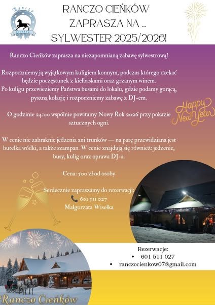 Ranczo Cieńków zaprasza na niezapomnianą zabawę sylwestrową