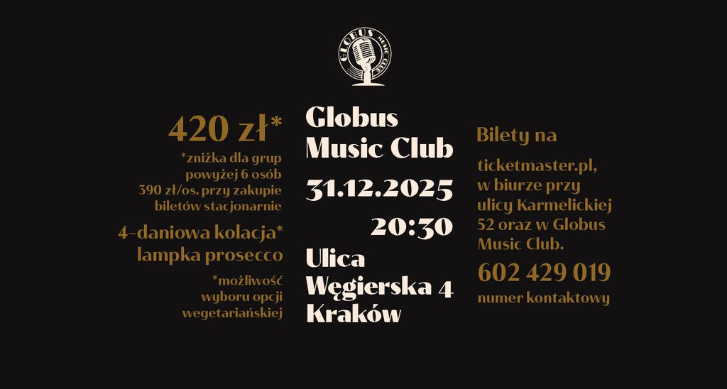 Globus Music Club w Krakowie- zaprasza na zabawę sylwestrową