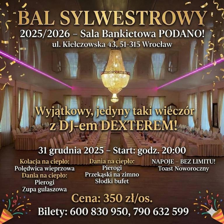 Sylwester Wrocław 2025/2026 w Sali Bankietowej PODANO