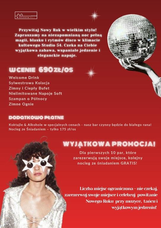 Kameralny SLWESTER 2025 w rytmie DISCO ? Welcome drink, kolacja z bufetem, DJ 