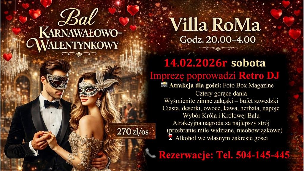Bal Karnawałowy Walentynki 2026 w Villa RoMa Gałków Mały k/Łodzi 
